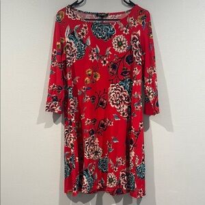 Roz & Ali Red Blue Floral 3/4 Sleeve Jersey Dress - Size Medium